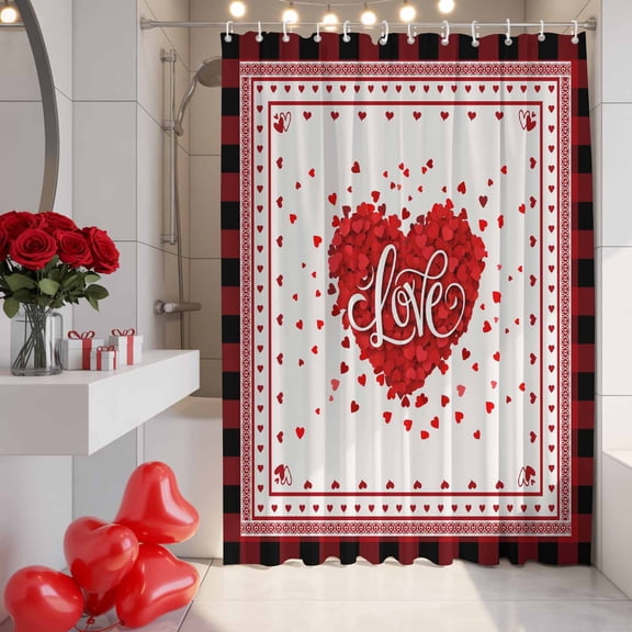 LOVE Heart Shower Curtain, 48" x 72", Valentine's Day Romantic Red Plaid Boundary Waterproof Bathroom Curtain Washable Shower Curtain Set with 12 Hooks