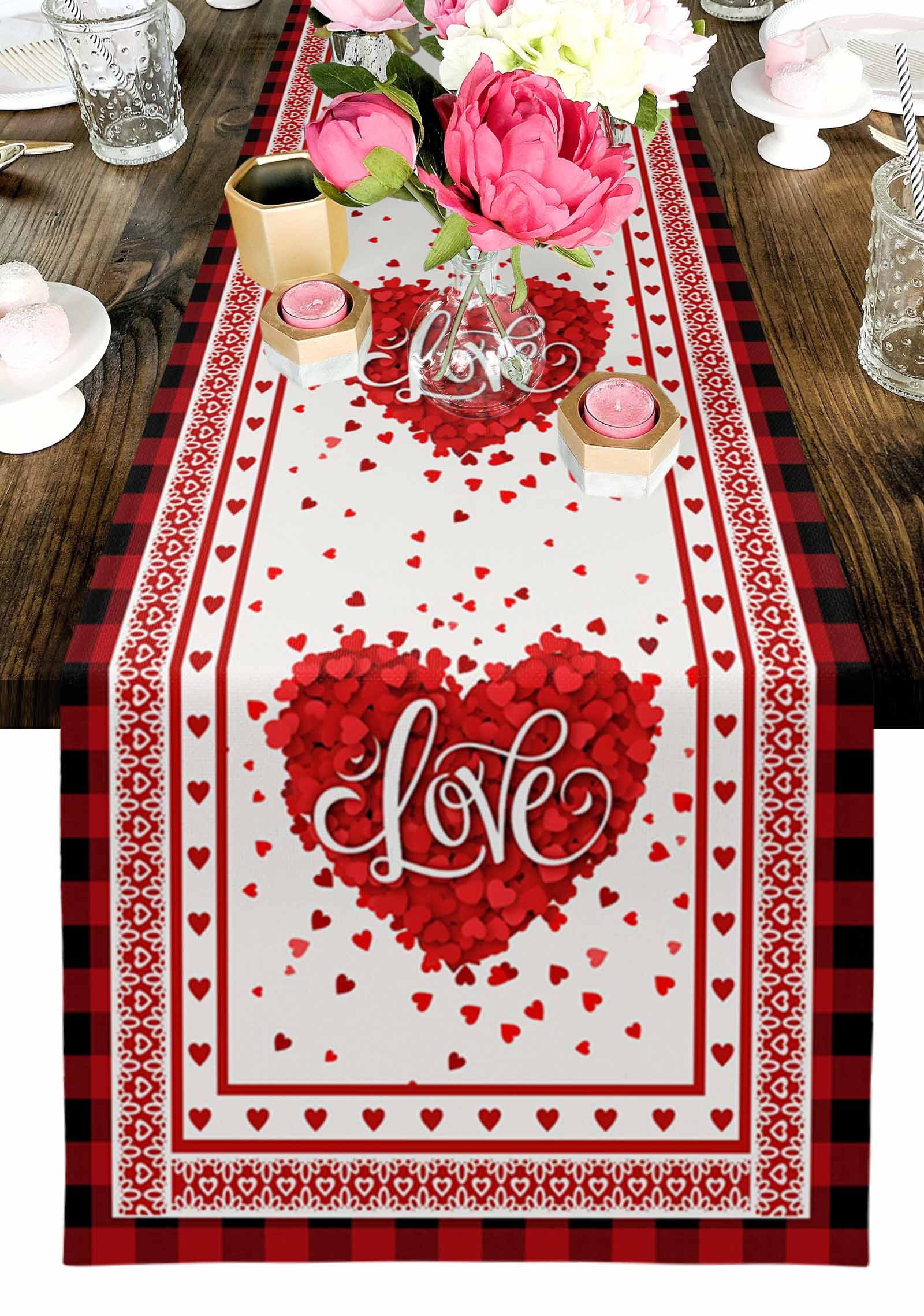 LOVE Heart Table Runner, Valentine's Day Romantic Red Plaid Boundary Washable Cotton-linen Table Runners Dining Kitchen Decoration for Everyday Home Wedding Party Decor, 13 x 90 Inch