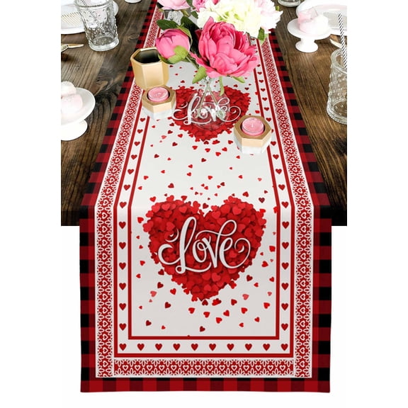 LOVE Heart Table Runner, Valentine's Day Romantic Red Plaid Boundary Washable Cotton-linen Table Runners Dining Kitchen Decoration for Everyday Home Wedding Party Decor, 13 x 90 Inch