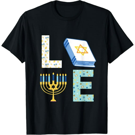 LOVE Jewish Hanukkah Menorah Decorations Matching Pajama T-ShirtMen and women, Black T-shirt, size: Extra large S-4XL