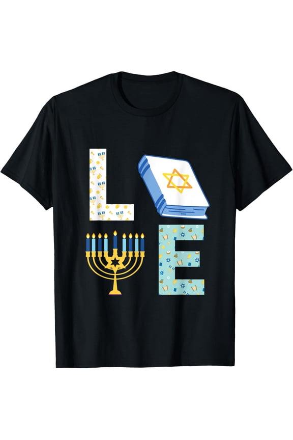 LOVE Jewish Hanukkah Menorah Decorations Matching Pajama T-ShirtMen and women, Black T-shirt, size: Extra large S-4XL
