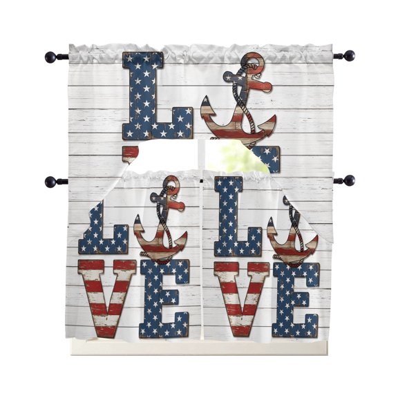 LOVE Kitchen Curtains Sets for Windows 3 Piece, Patriotic USA Flag Navy Stars Nautical Anchor Kitchen Curtains and Valances Tier Set 36 Inch Length Swag Curtain for Living Room Cafe Bathroom Bedroom