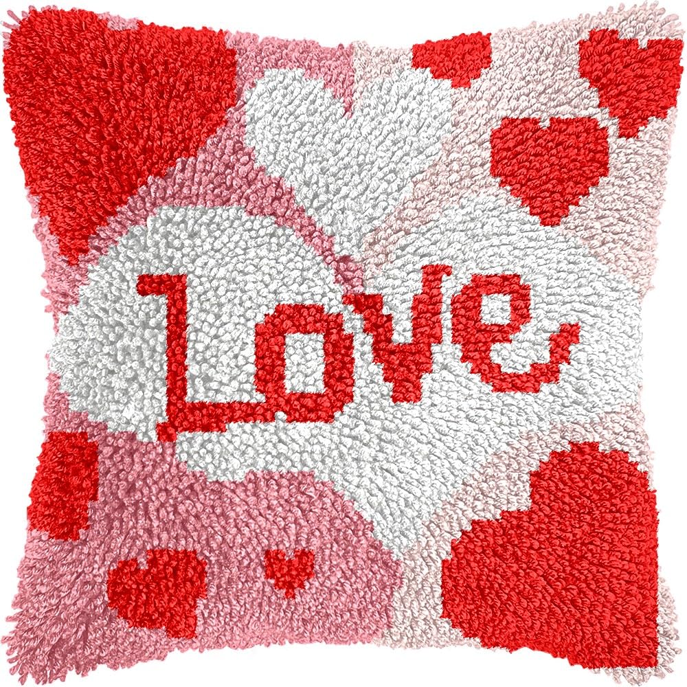LOVE Latch Hook Pillow Cover Kits for DIY Handmade Throw Pillow Cross Stitch Latch Hooking Pillowcase Kits with Preprinted Color Pattern Canvas Crochet Yarn Kits 17''X 17''(8-184)