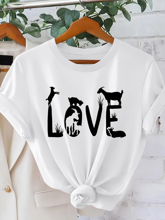 LOVE Letter Goat Silhouette Print T-Shirt Funny Farm Style Crew Neck Short Sleeve Casual Cute Top Spring Summer Vacation Clothing