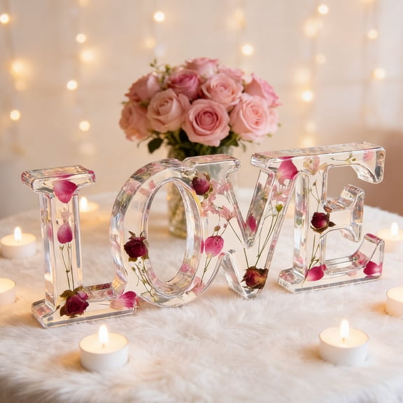 LOVE Letter Valentines Tabletop Decoration with Embedded Dried Flowers, Transparent Acrylic "LOVE" Sign for Valentines Day, Wedding or Home Desk Display