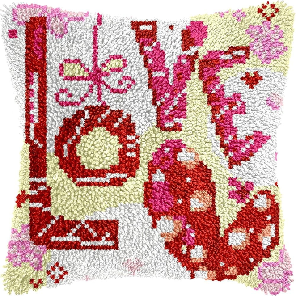 LOVE Letters Latch Hook Pillow Kits for DIY Throw Pillow Cushion Embroidery Latch Hooking Pillowcase Kits with Preprinted Canvas Crochet Yarn Kits for Home Decor 17''X 17''(j45)