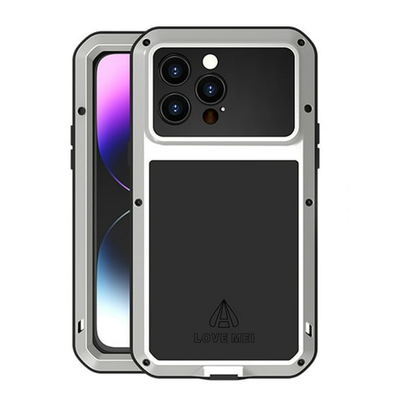 LOVE MEI Metal Case for iPhone 14 Pro Max, Heavy Duty Powerful Dustproof Shockproof Water-Resistant Case with Built-in Screen Protector for iPhone 14 Pro Max 2022, Silver