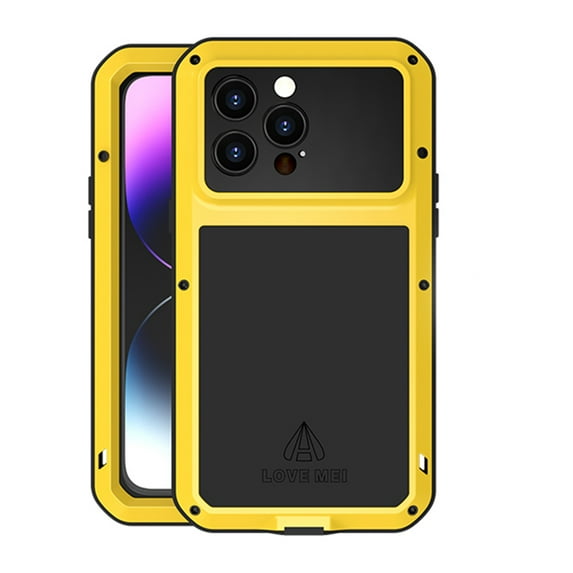 LOVE MEI Metal Case for iPhone 14 Pro Max, Heavy Duty Powerful Dustproof Shockproof Water-Resistant Case with Built-in Screen Protector for iPhone 14 Pro Max 2022, Yellow
