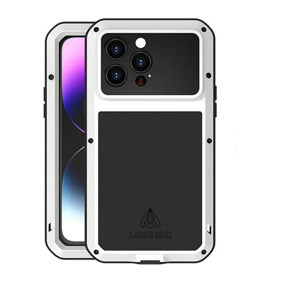 LOVE MEI Metal Case for iPhone 14 Pro Max, Heavy Duty Powerful Dustproof Shockproof Water-Resistant Case with Built-in Screen Protector for iPhone 14 Pro Max 2022, White