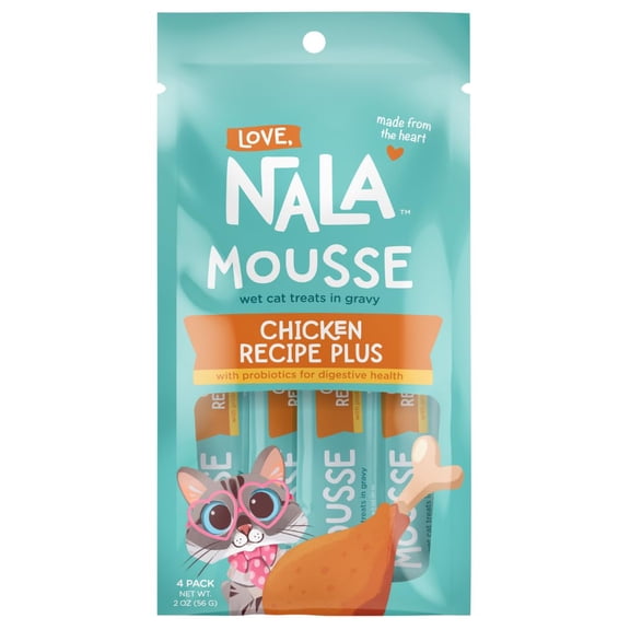 LOVE, NALA - Digestive Health - Chicken Plus Prebiotic Mousse - Wet Food Cat Puree - Lickable Cat Squeeze Up Treat, Topper - Grain Free, Fiber, Minerals, Vitamins - 4 Pack 2 oz.