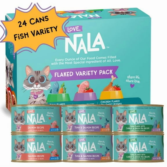 LOVE, NALA - FLAKED Fish Variety Pack - Natural Adult Cat Wet Food - Grain Free, Non-GMO, Lean Protein, Omega 3, Digestive Fiber Blend, Added Minerals & Vitamins - 24 Pack