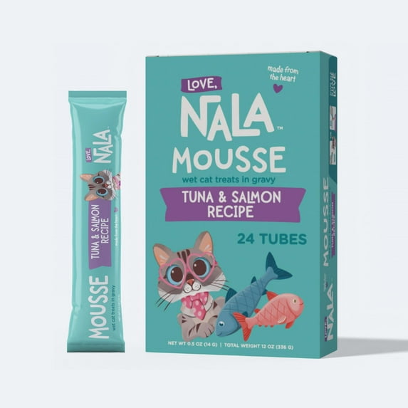 LOVE, NALA Lickable Cat Treats Squeeze Up Mousse Puree Wet Cat Treats - Grain Free Cat Treats Lickable, Natural Cat Squeeze Up Treats, Cat Lickable Treat - Tuna & Salmon -24 Pack