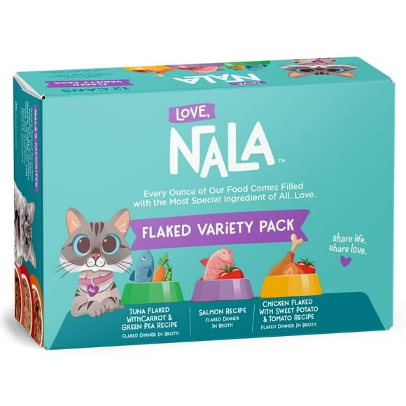 LOVE, NALA - Natural Adult Cat Wet Food - FLAKED Variety Pack - Salmon, Tuna, Chicken - Grain Free, Non-GMO, Lean Protein, Omega 3, Digestive Fiber Blend, Added Minerals & Vitamins - 12 Pack 2.4 lbs.