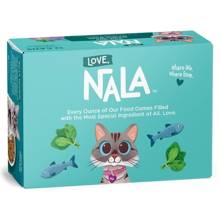 LOVE, NALA - Natural Adult Cat Wet Food - Pate Tuna with Spinach Recipe- Grain Free, Non-GMO, Lean Protein, Iron, Digestive Fiber Blend, Added Minerals & Vitamins - 12 Pack 2.4 lbs.