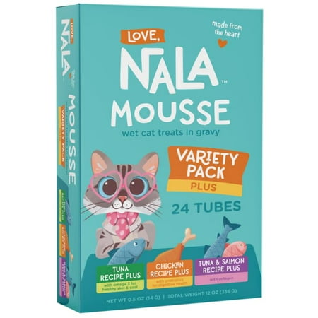 LOVE, NALA - Natural Lickable Cat Squeeze Up Treat,Topper - Variety Plus Pack Mousse - Wet Food Cat Puree - Grain Free, Fiber Blend, Minerals, Vitamins - 24 Pack