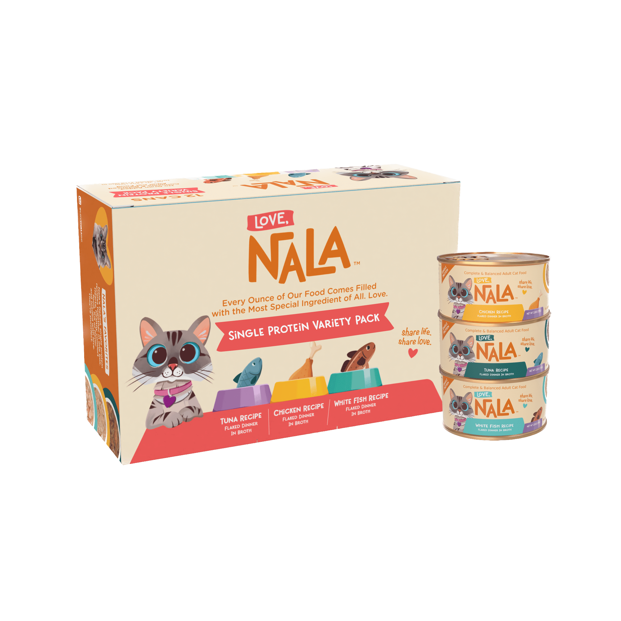LOVE, NALA - Single Protein - Natural Adult Cat Wet Food - Grain Free, Non-GMO, Prebiotic Fiber, Vitamins, Minerals (12 cans, Variety Pack)