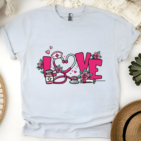 LOVE Nurse Graphic T-Shirt | Valentine Medical Themed Shirt for Women Men, Ash, Size 2XL