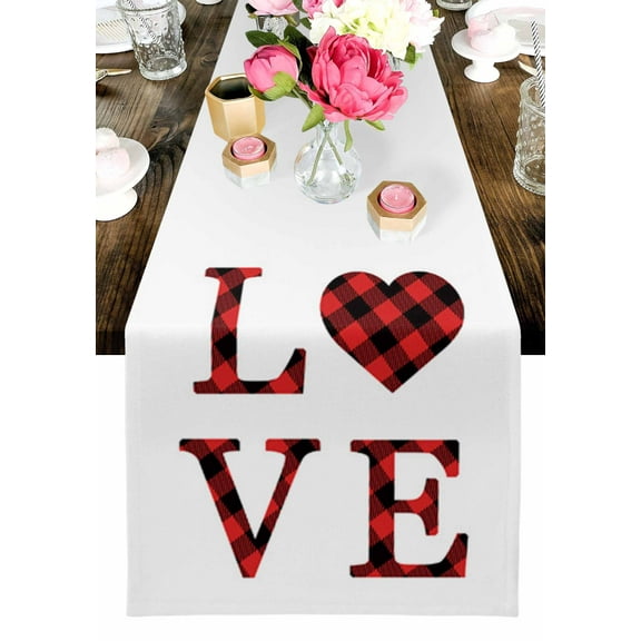 LOVE Red Table Runner, Plaid White Background Washable Cotton-linen Table Runners Dining Kitchen Decoration for Everyday Home Wedding Party Decor, 13 x 108 Inch