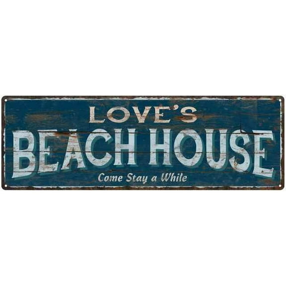 LOVE'S Beach House Blue Rustic Cabin Home Decor 8x24 Metal 108240026363