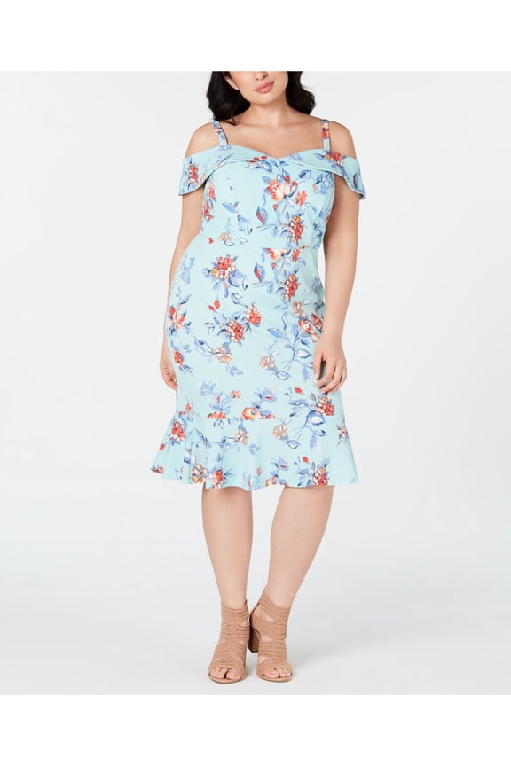 Womens Aqua Floral Off Shoulder Below The Knee Fit + Flare Dress Plus 2X