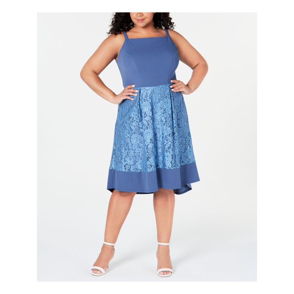 LOVE SQUARED Womens Blue Lace Sleeveless Square Neck Midi Cocktail Sheath Dress Plus 1X