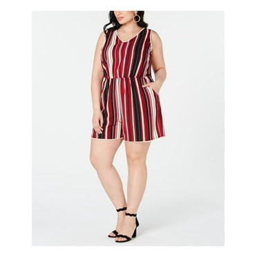 LOVE SQUARED Womens Burgundy Striped Sleeveless V Neck Romper Plus  Size: 2X
