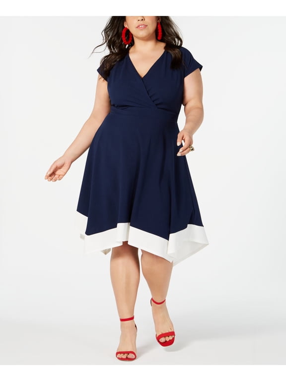 Womens Navy Short Sleeve Below The Knee Fit + Flare Dress Plus 1X