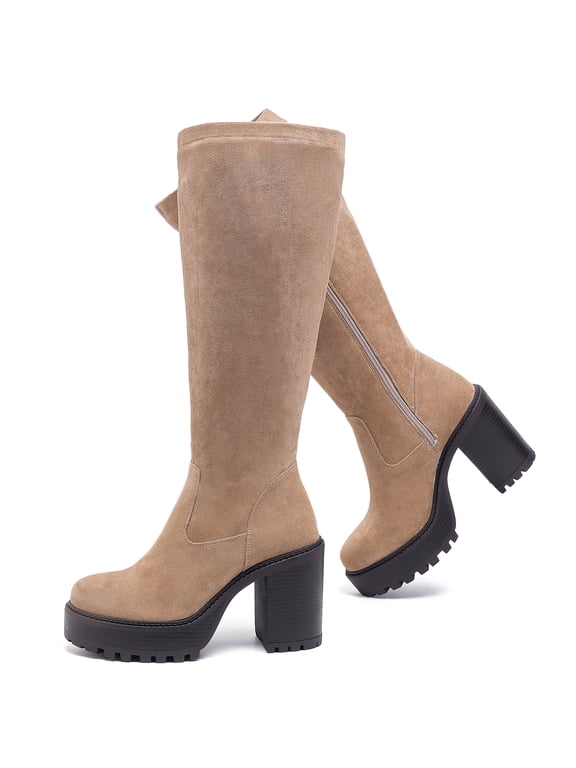 Women's Extra Wide Calf Knee High Boots True Wide Width Platform Chunky Heeled Gogo Boots Rounded Toe Tall Boot for Women.