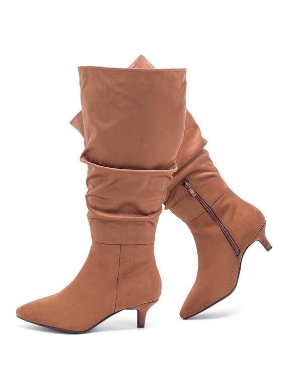 Women's Extra Wide Calf Knee‑High Slouchy Boots, True Wide Width Kitten Heel Plus Size Comfort Boot.
