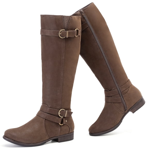 LOVE STEETLY Women's Knee High Chunky Heel Boots, Side Zipper Round Toe Faux Leather Casual Buckle Comfort Versatile Boot.
