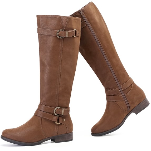 LOVE STEETLY Women's Knee High Chunky Heel Boots, Side Zipper Round Toe Faux Leather Casual Buckle Comfort Versatile Boot.