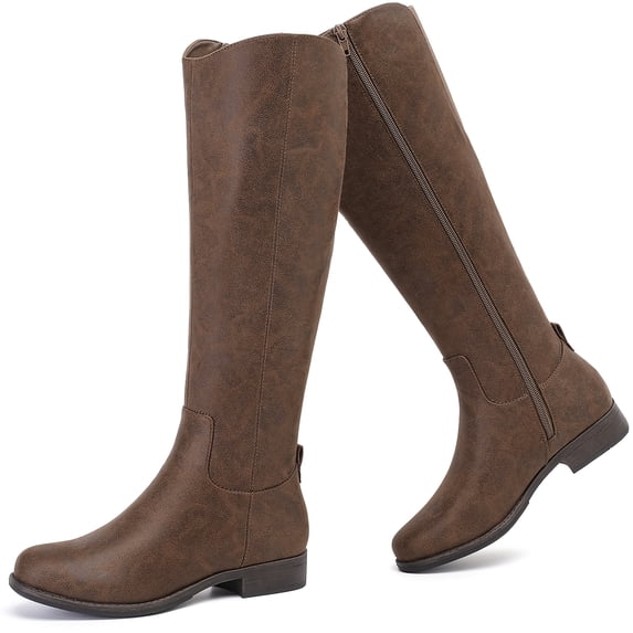 LOVE STEETLY Women's Knee High Low Heel Riding Boots, Side Zipper Round Toe Faux Leather Casual Comfort Versatile Boot