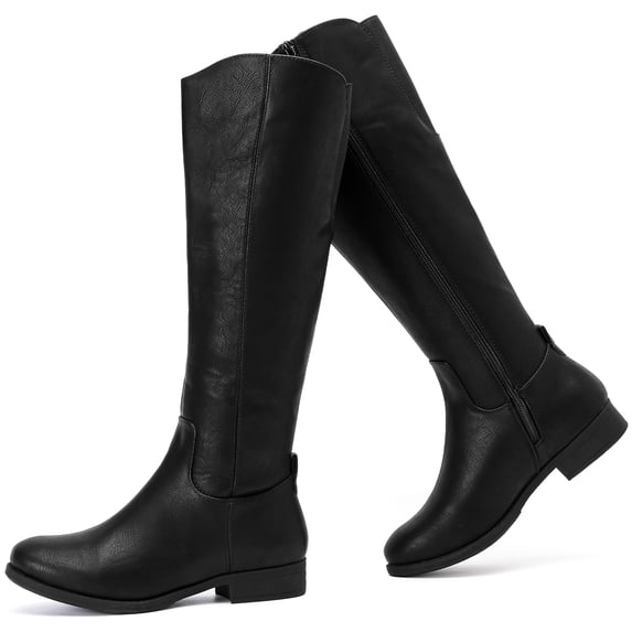 LOVE STEETLY Women's Knee High Low Heel Riding Boots, Side Zipper Round Toe Faux Leather Casual Comfort Versatile Boot