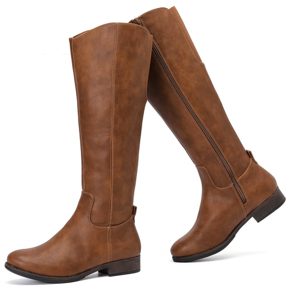 LOVE STEETLY Women's Knee High Low Heel Riding Boots, Side Zipper Round Toe Faux Leather Casual Comfort Versatile Boot