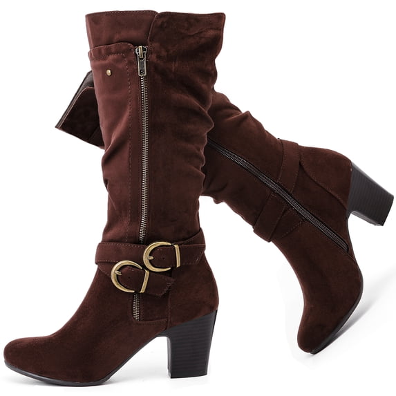 LOVE STEETLY Women's Knee High Slouchy Chunky Heel Boots, Side Zipper Round Toe Faux Leather Casual Comfort Versatile Boot