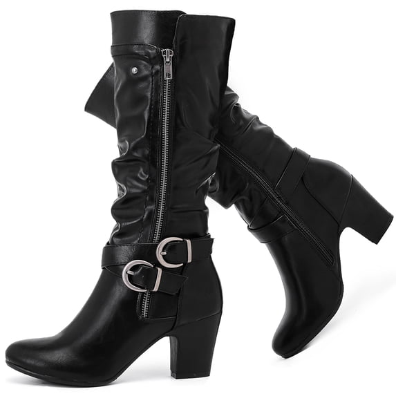 LOVE STEETLY Women's Knee High Slouchy Chunky Heel Boots, Side Zipper Round Toe Faux Leather Casual Comfort Versatile Boot