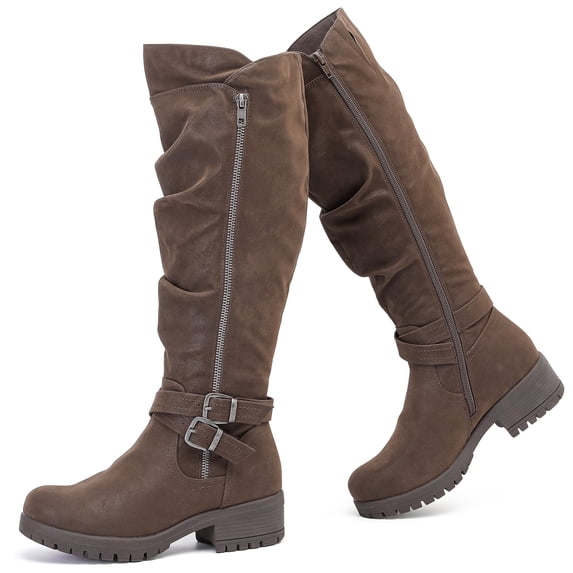 LOVE STEETLY Women's Knee High Slouchy Chunky Heel Boots, Side Zipper Round Toe Faux Leather Casual Comfort Versatile Boot