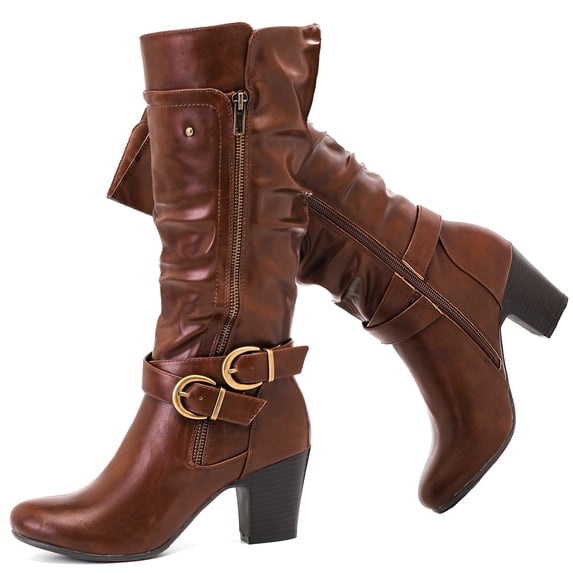 LOVE STEETLY Women's Knee High Slouchy Chunky Heel Boots, Side Zipper Round Toe Faux Leather Casual Comfort Versatile Boot