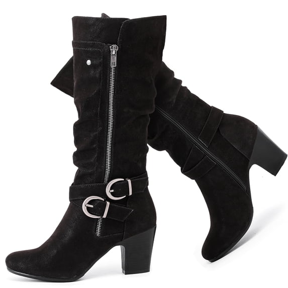 LOVE STEETLY Women's Knee High Slouchy Chunky Heel Boots, Side Zipper Round Toe Faux Leather Casual Comfort Versatile Boot