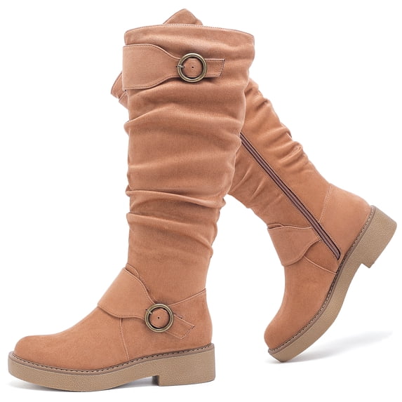 LOVE STEETLY Women's Slouchy Knee‑High Riding Boots, Round Toe Platform Side Zipper Casual Versatile Comfort Boot.