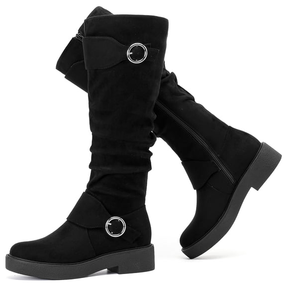 LOVE STEETLY Women's Slouchy Knee‑High Riding Boots, Round Toe Platform Side Zipper Casual Versatile Comfort Boot.