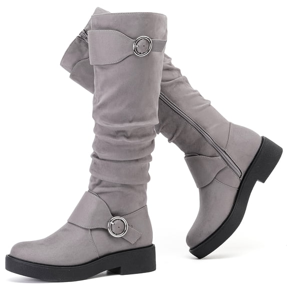 LOVE STEETLY Women's Slouchy Knee‑High Riding Boots, Round Toe Platform Side Zipper Casual Versatile Comfort Boot.