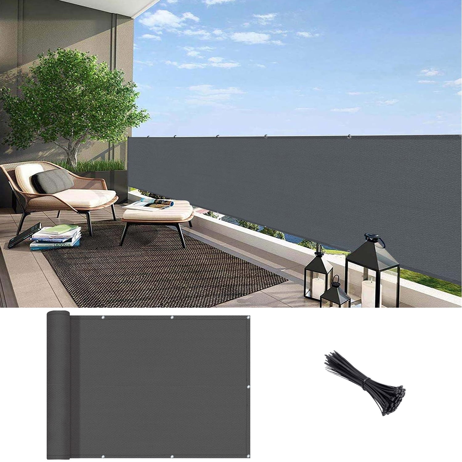 Charcoal 3' x 10' HDPE Privacy Screen Fence Cover for Balcony and Patio