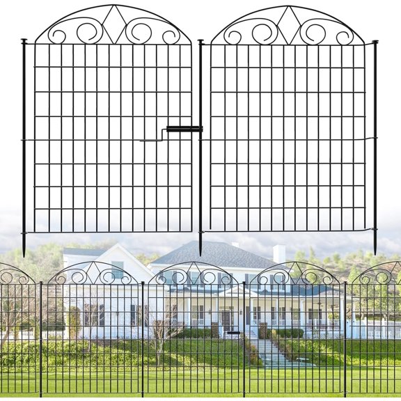 LOVE STORY 5 Panels No Dig Decorative Garden Fence with Gate Animal Barrier Fencing Metal Wire Panel Border Patio Dog Rabbits Ground Stakes Fencing, 10ft(L) x 24in(H)