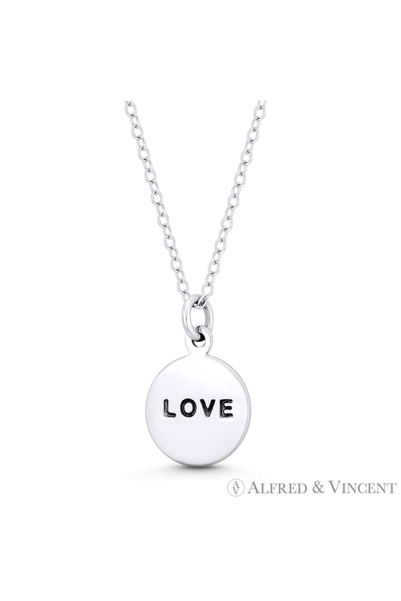 "LOVE" Script Engraving Circle Flat Disc Pendant in .925 Sterling Silver
