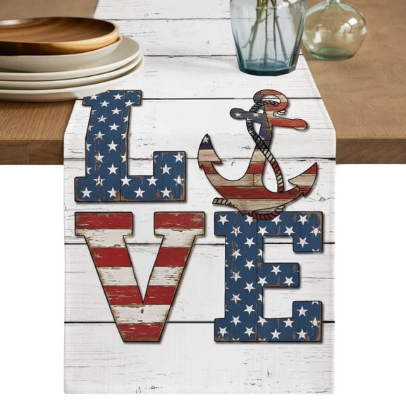 LOVE Short Table Runner 36 Inches Long,Patriotic USA Flag Navy Stars Nautical Anchor Cotton Linen Table Runners Dresser Scarves,Fabric Tabletop Scarf Furniture Cover for Home Dinner Party 13"x36"