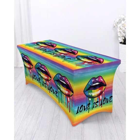 LOVE IS Spandex Tablecloth 4ft LOVE Colored Lips Rainbow Gradient Elastic Fitted Cloth for Rectangle Table Washable Wrinkle Proof Stretch Table Cover for Wedding Party Birthday Banquet