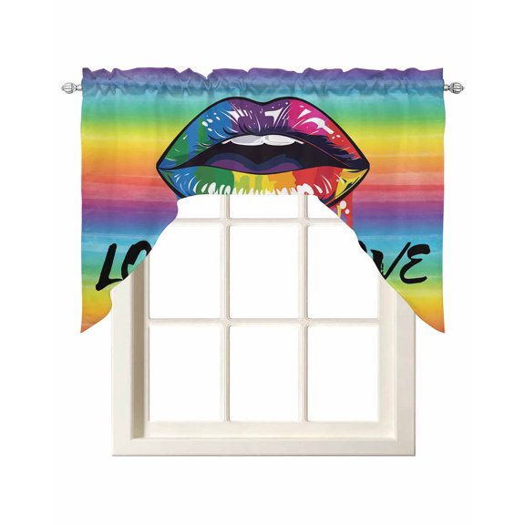 LOVE IS Swag Valance and Tier Curtains Set LOVE Colored Lips Rainbow Gradient Kitchen Curtains 3 Piece Set Rod Pocket Panels for Bedroom Cafe 56x36 inch