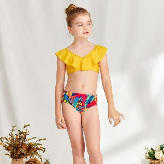 LOVEBAY Girls Swimsuit 2-Piece Bikini Swimsuit Ruffle Beach Swimwear Kids Haler Bathing Suits ,Size 11-12 Years