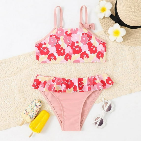 LOVEBAY Girls Swimsuit 2-Piece Bikini Swimsuit Ruffle Beach Swimwear Kids Haler Bathing Suits ,Size 6-7 Years